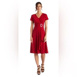 Faux Wrap Dress with Waist Embellishment - Petite
